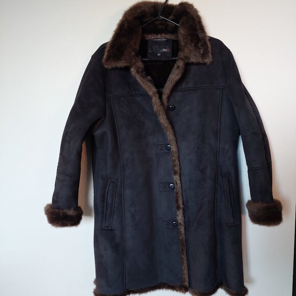 UTEX Black Ultrasuede Brown Faux Fur Trim Coat Women's Xlarge - Picture 1 of 12